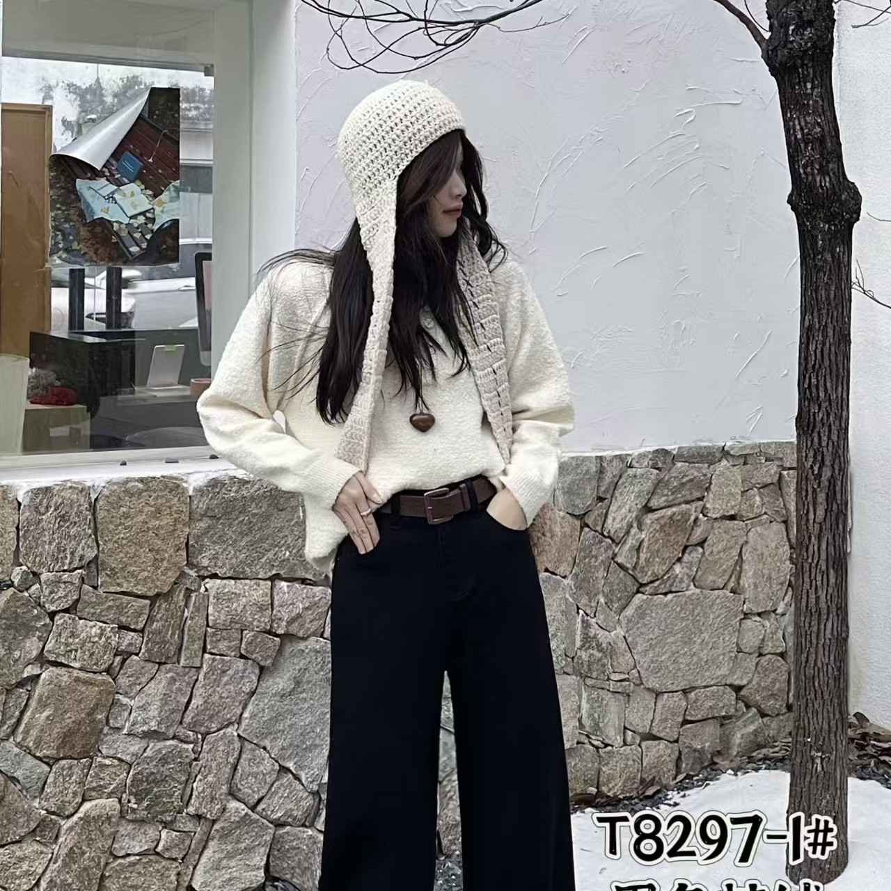 洋气加植绒牛仔阔腿裤8297