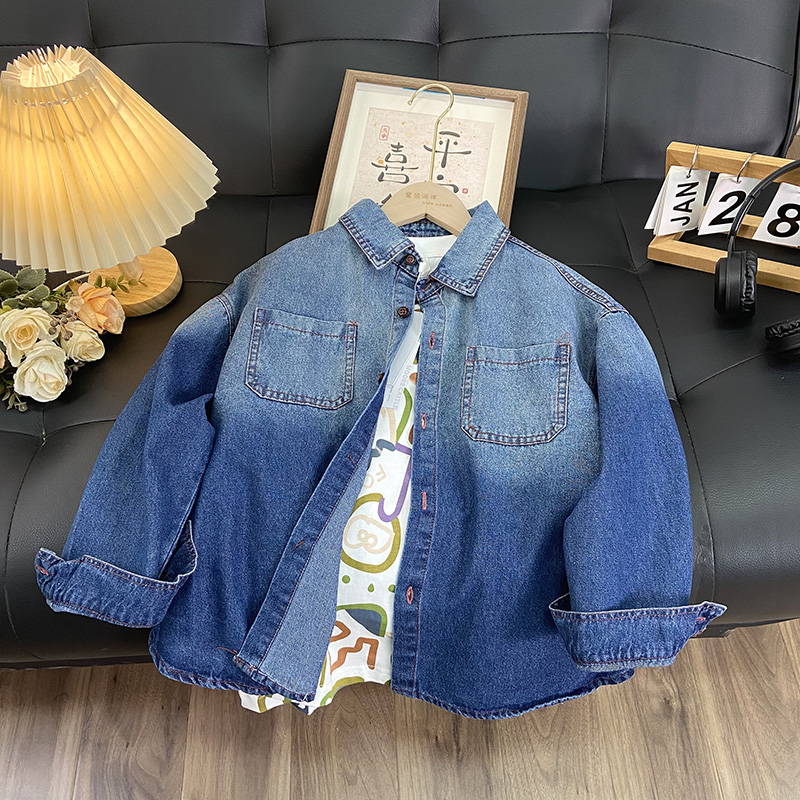 佑妈家童装 男女童春秋牛仔衬衫 儿童中大童渐变色牛仔外套