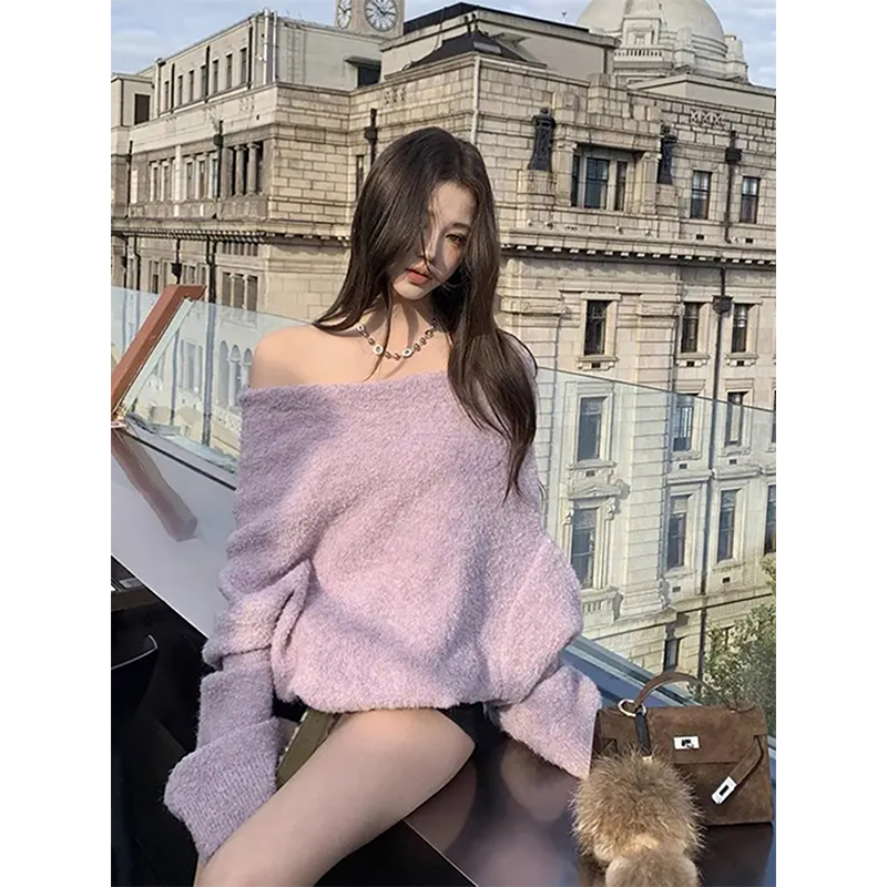 胖mm特大码女装温柔风秋季宽松毛衣针织衫女露肩百搭显瘦洋气上衣