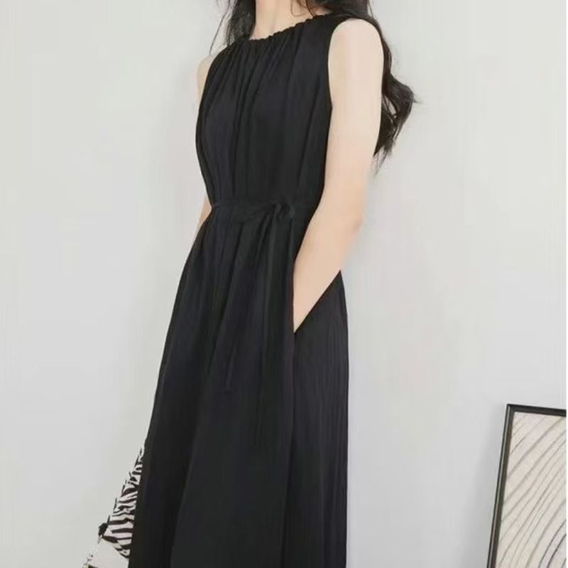 夏季复古法式无袖百搭宽松褶皱收腰显瘦遮肉口袋吊带连衣裙