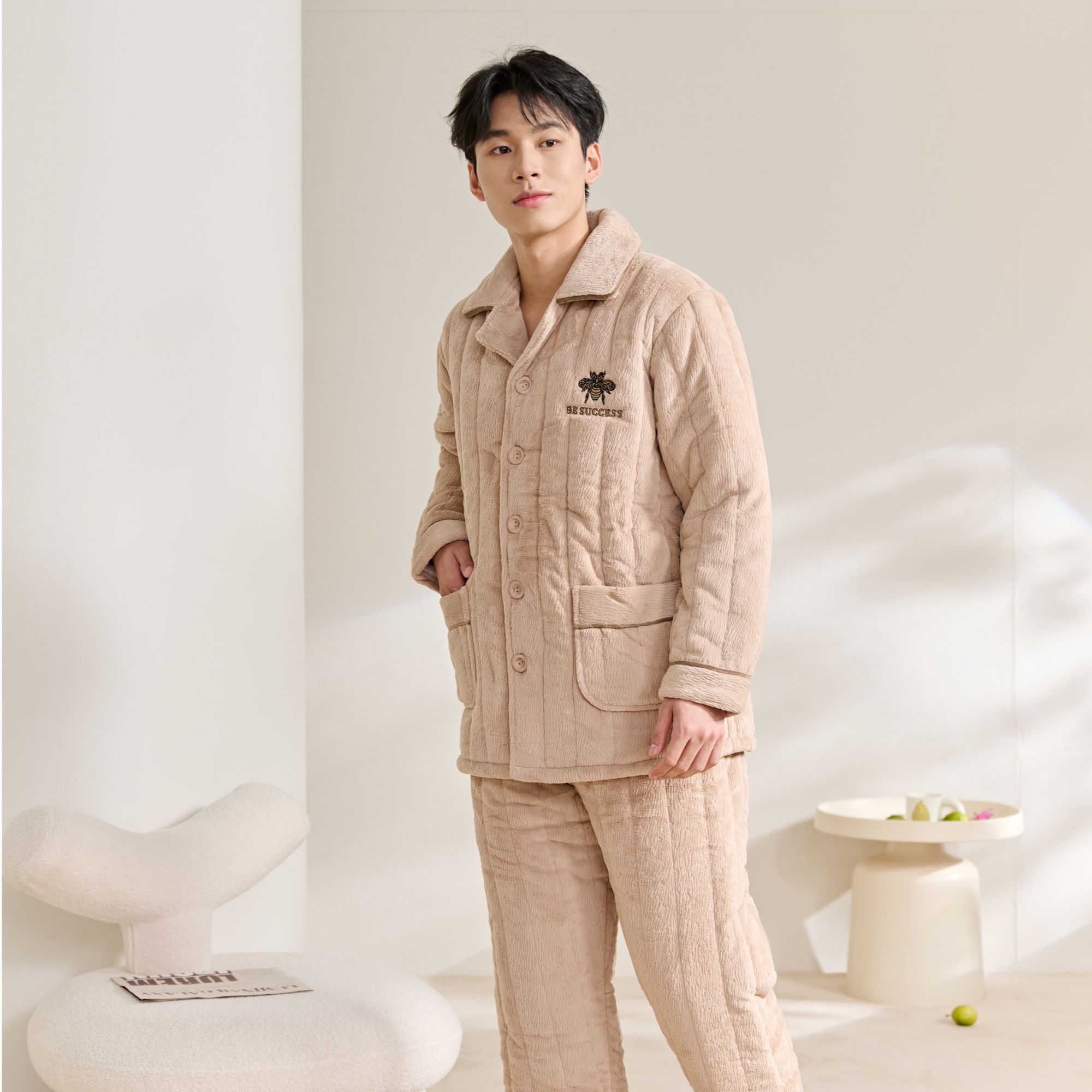 姬玛冬季三层加绒加厚夹棉保暖男士家居服239711