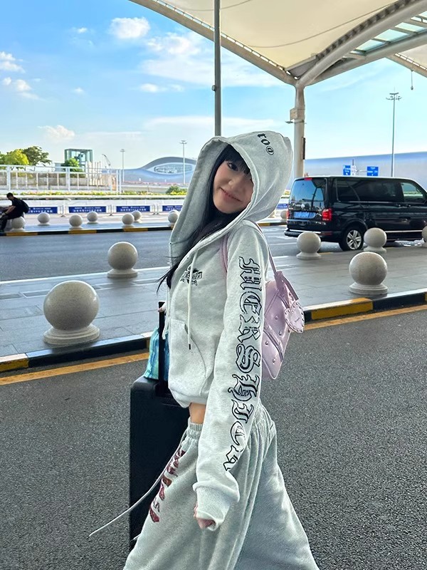美式复古高街哥特风灰色连帽短款卫衣女秋季开衫设计感学院风外套