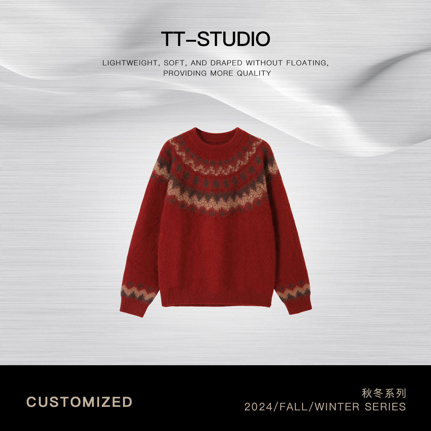 TT【圣诞红】100牦牛绒保暖针织衫轻奢费尔岛提花上衣毛衣TT-CY3615