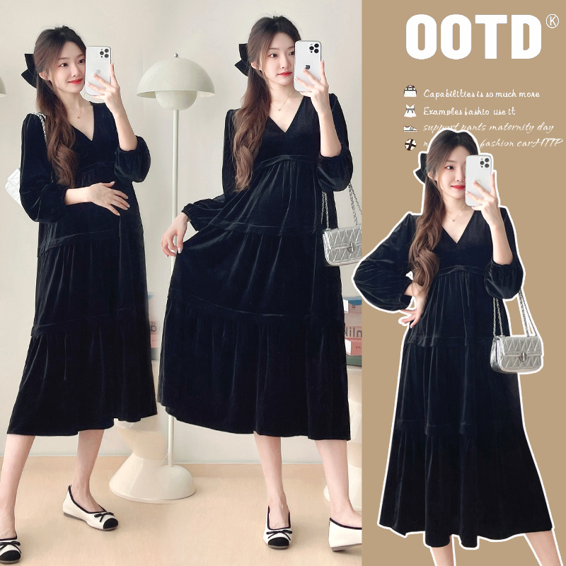 孕妇装2025秋冬时尚气质潮妈金丝绒V领通勤简约孕妇中长款连衣裙