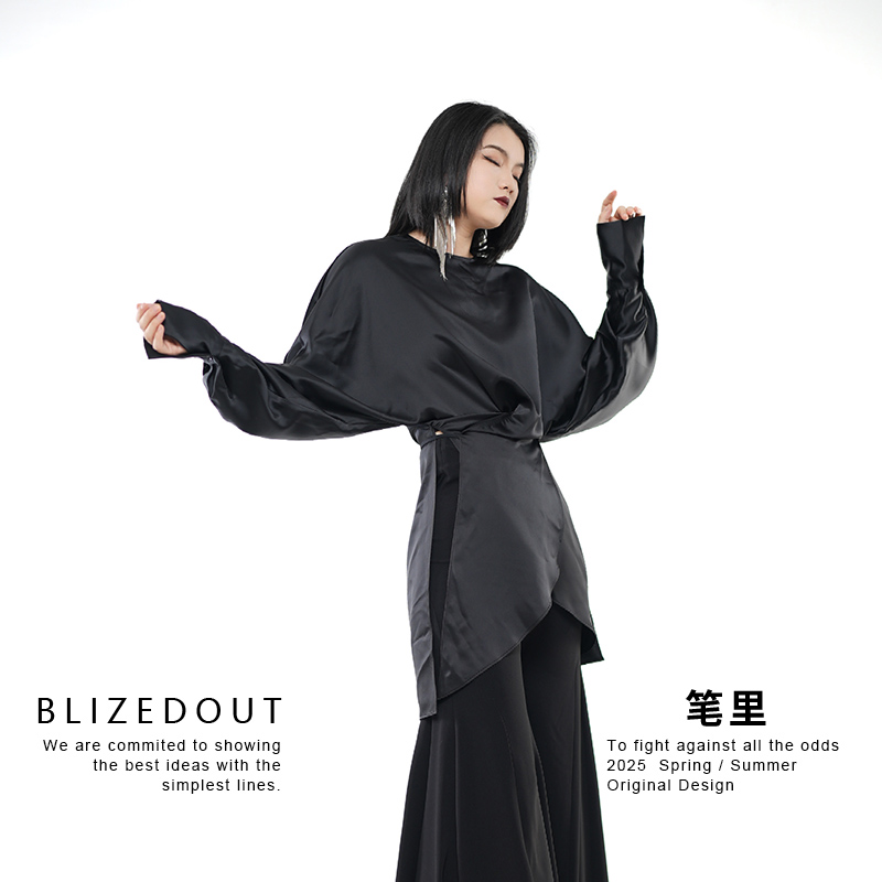 笔里【BLIZEDOUT】原创设计黑色极简中长款长袖两穿休闲衬衫5080204
