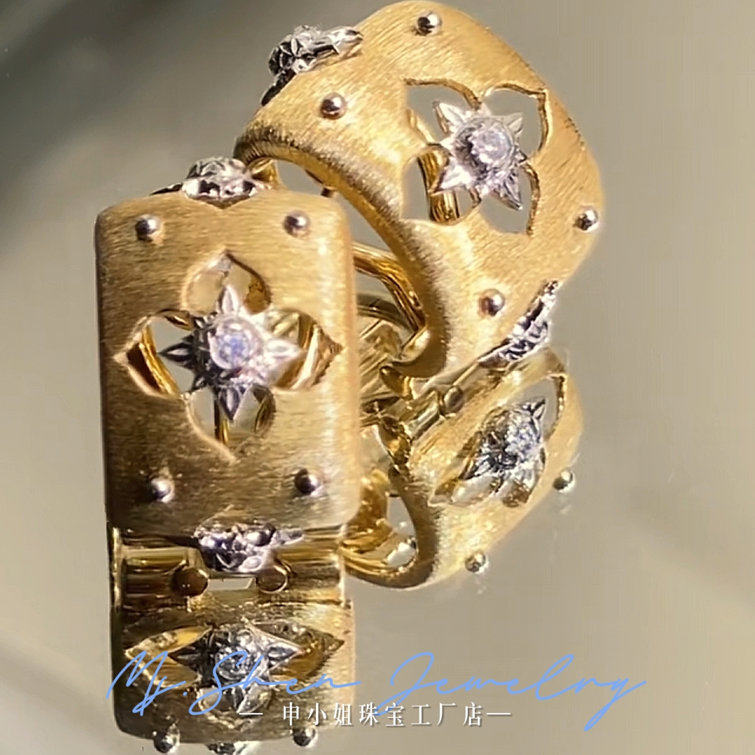 【申小姐】18K金天然钻石拉丝镂空宫廷风耳拍耳环