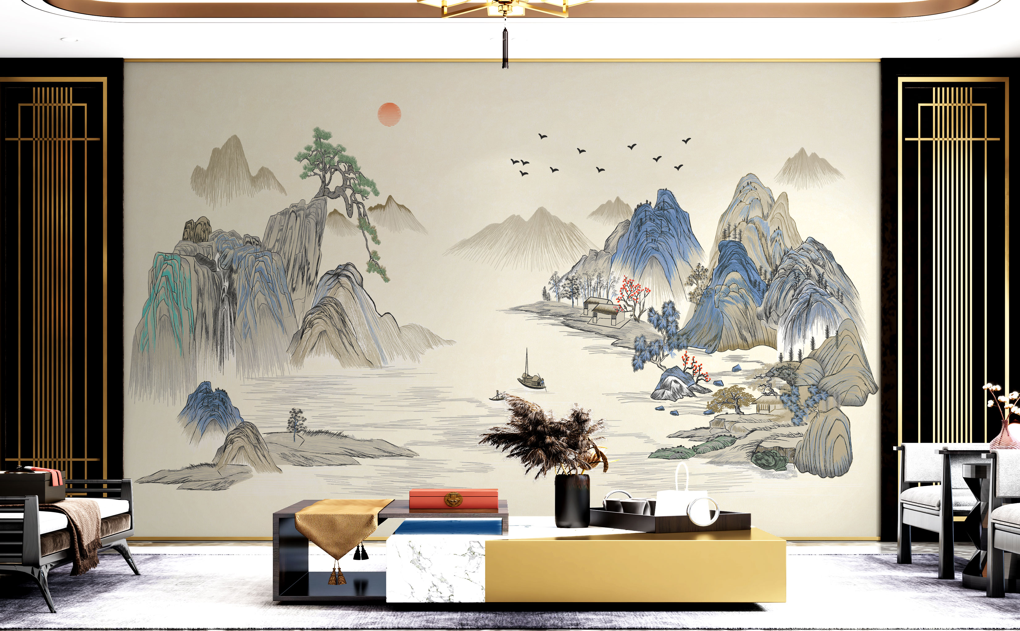 中式大气高端刺绣墙布壁画高档客厅沙发办公室独秀背景（溪山隐秀）