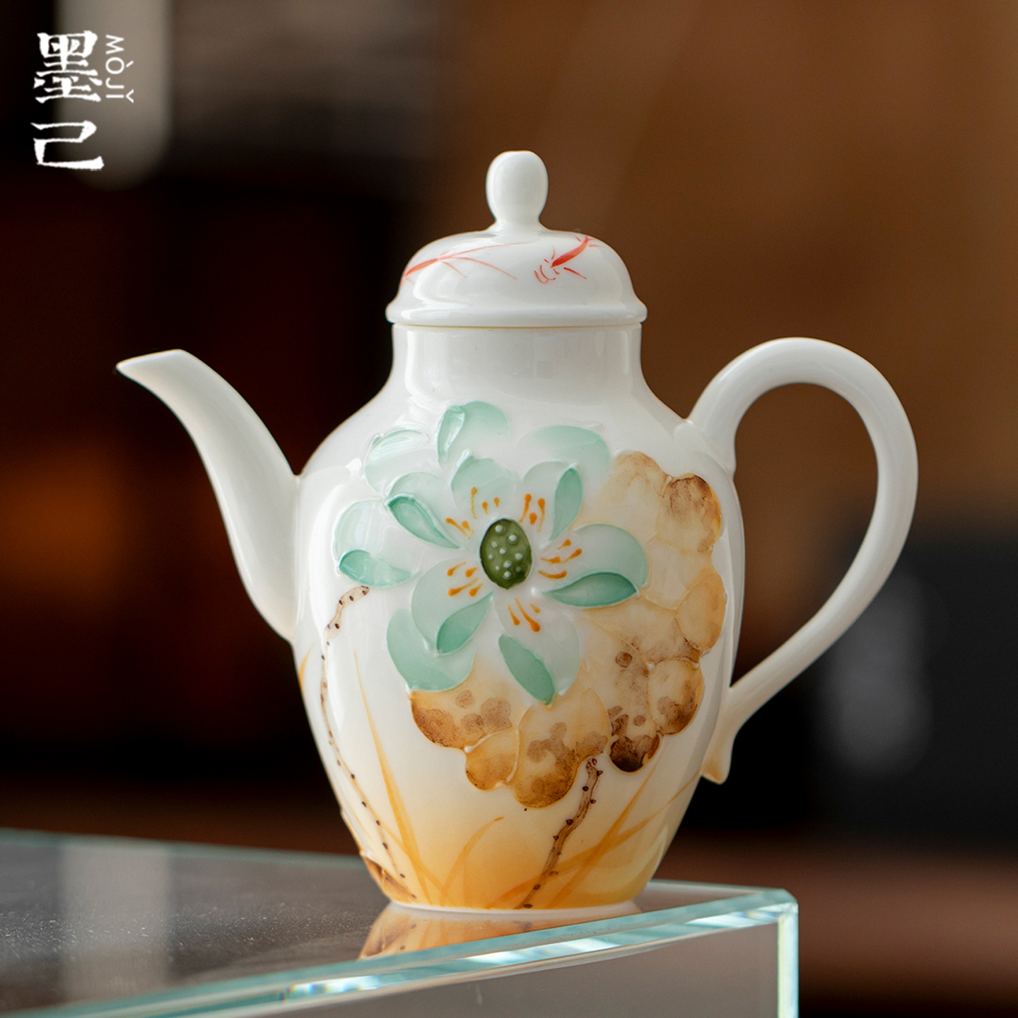 墨己青荷鎏梦手绘陶瓷茶壶功夫茶具球孔过滤家用手执壶泡茶壶