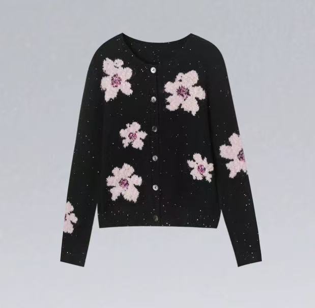 100羊毛圆领樱花百搭精致感气质减龄排扣针织开衫毛衣晚宴服装女