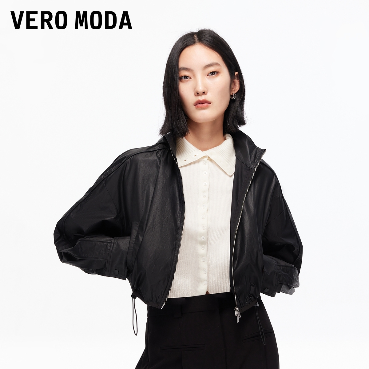 Vero Moda夹克2025秋季新款纯棉连肩袖抽绳宽松连帽外套老钱风