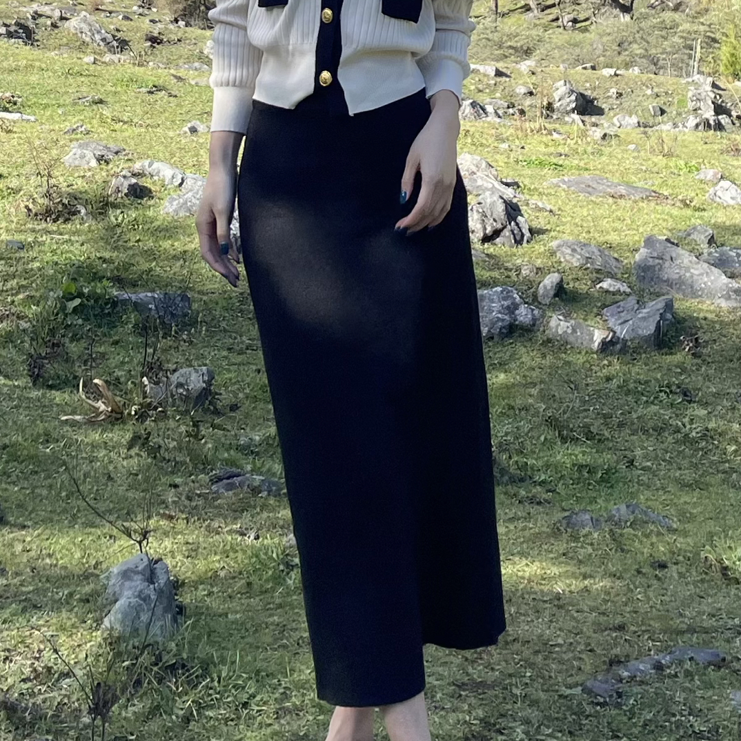 黑色半身裙高腰针织秋冬中长款显瘦遮肉直筒裙气质时尚百搭修身