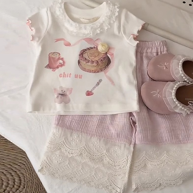 【彩虹家】2025新款花边领上衣T恤夏季新款蕾丝裤脚裤套装-88250