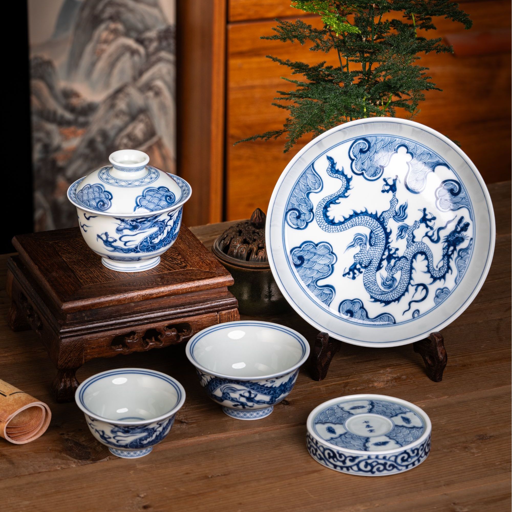 优质高岭土景德镇七丞堂青花釉下彩穿云龙陶瓷复古茶具套装