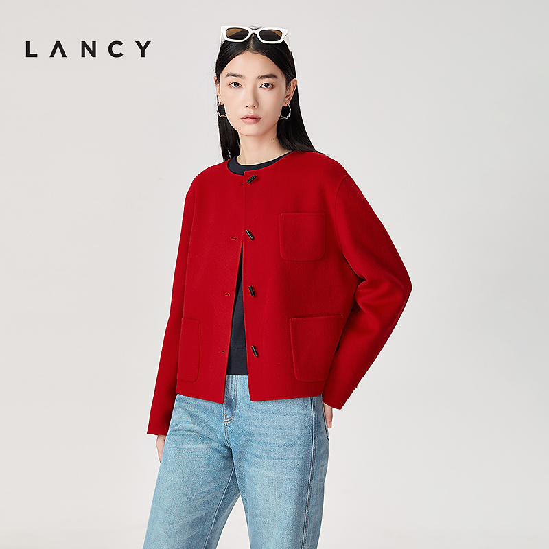 【金玉满棠】LANCY/朗姿2026春季新款新中式纯羊毛红色短毛呢外套
