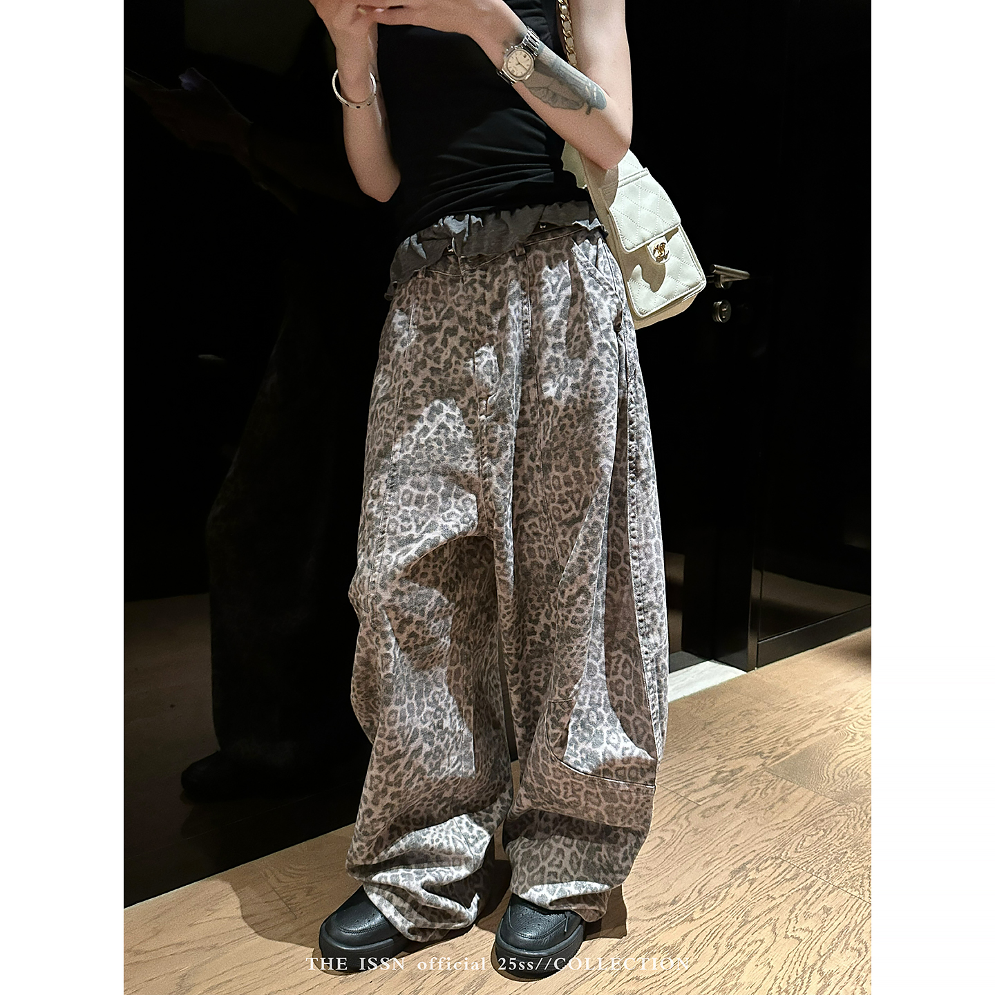 THEISSN宁司 宽松直筒高腰豹纹裤女夏季韩系百搭休闲裤 0908