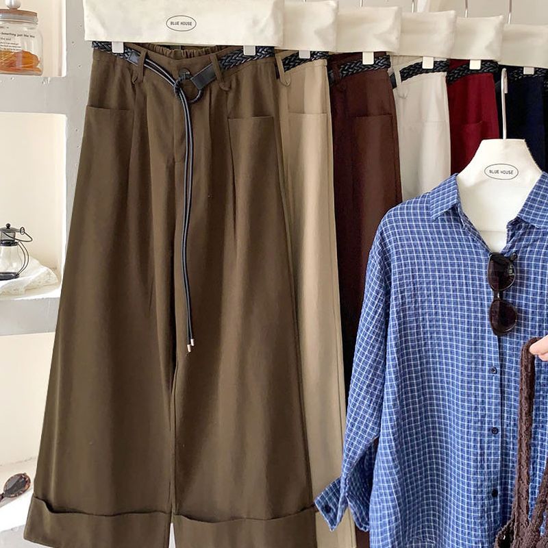 高级松弛卷边洗水阔腿裤裤女早秋配皮带压褶直筒气质休闲裤