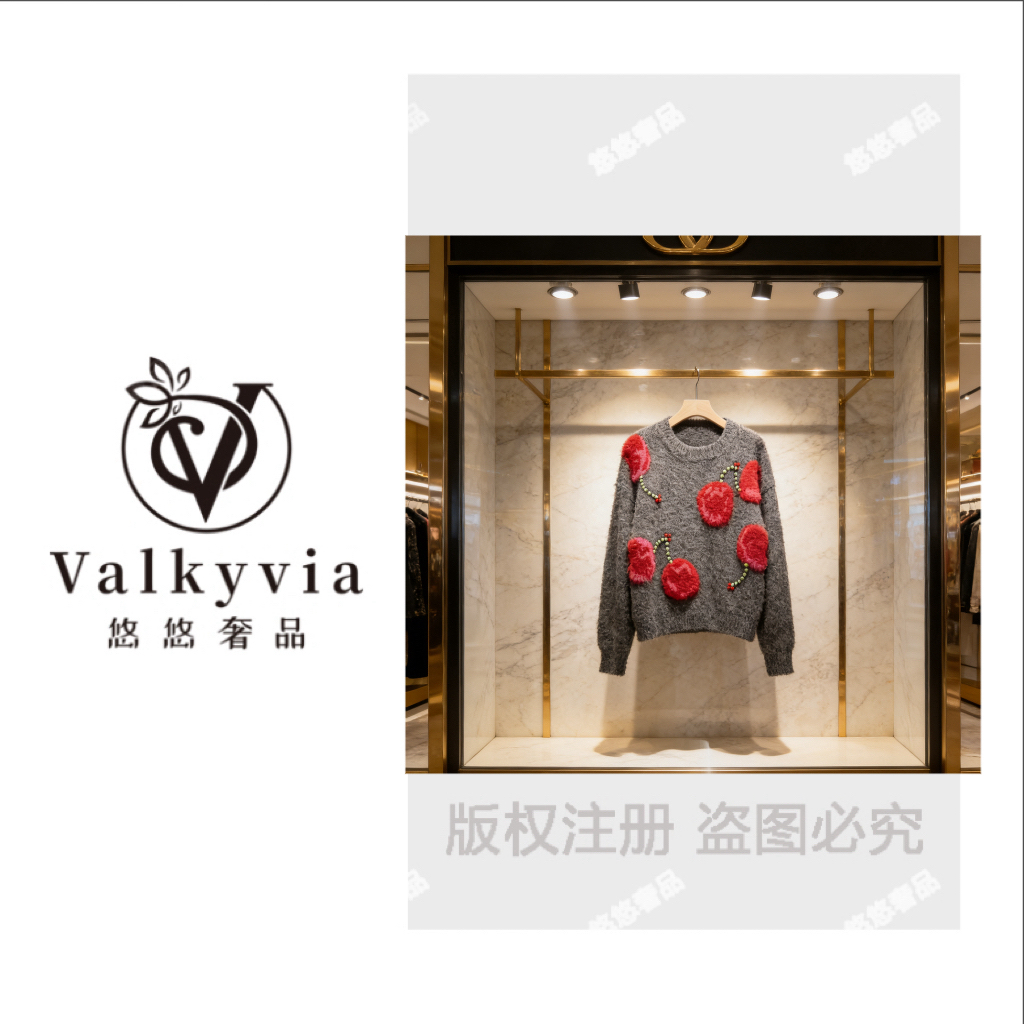 Valkyvia悠悠奢品绒绒红缀，灰调温柔针织衫 M25472M