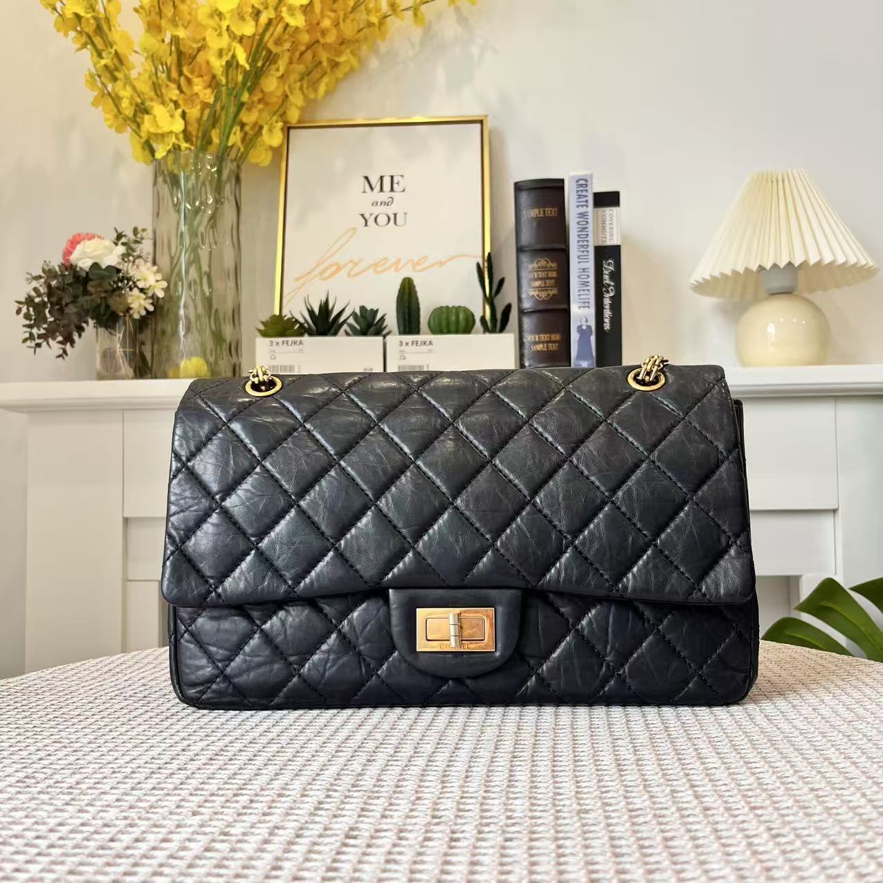 95新 Chanel/香奈儿 黑金双盖褶皱牛皮2.55链条包