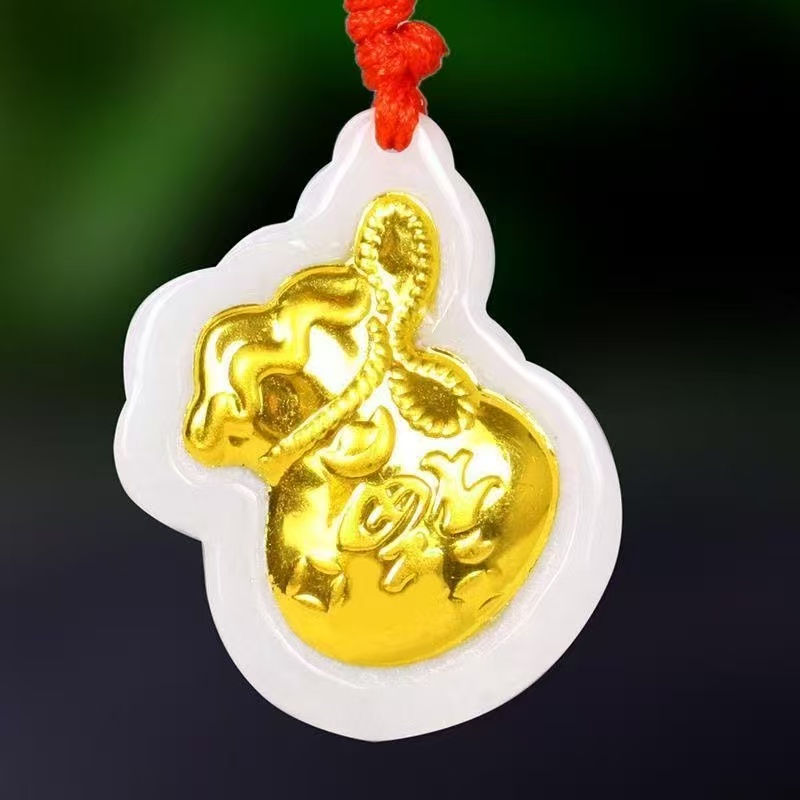 2025新款 真 金 镶 和田玉钱袋子吊坠+绳子+证书+礼盒+戒指