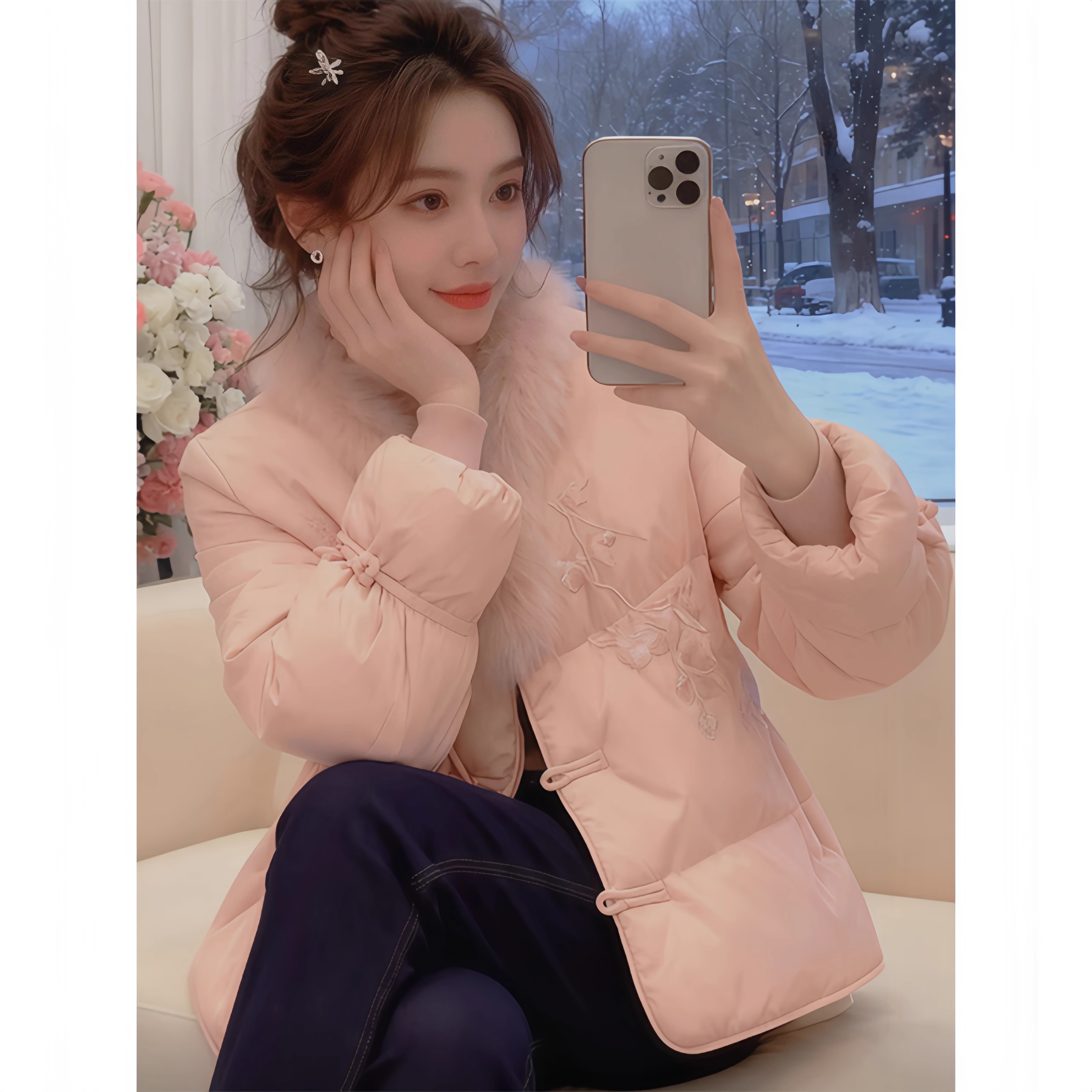 新中式国风盘扣刺绣毛领棉服女士2025冬季新款高级感保暖棉衣外套