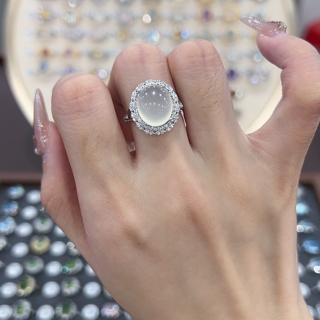 蛇纹石玉银S925镶嵌戒指二***球