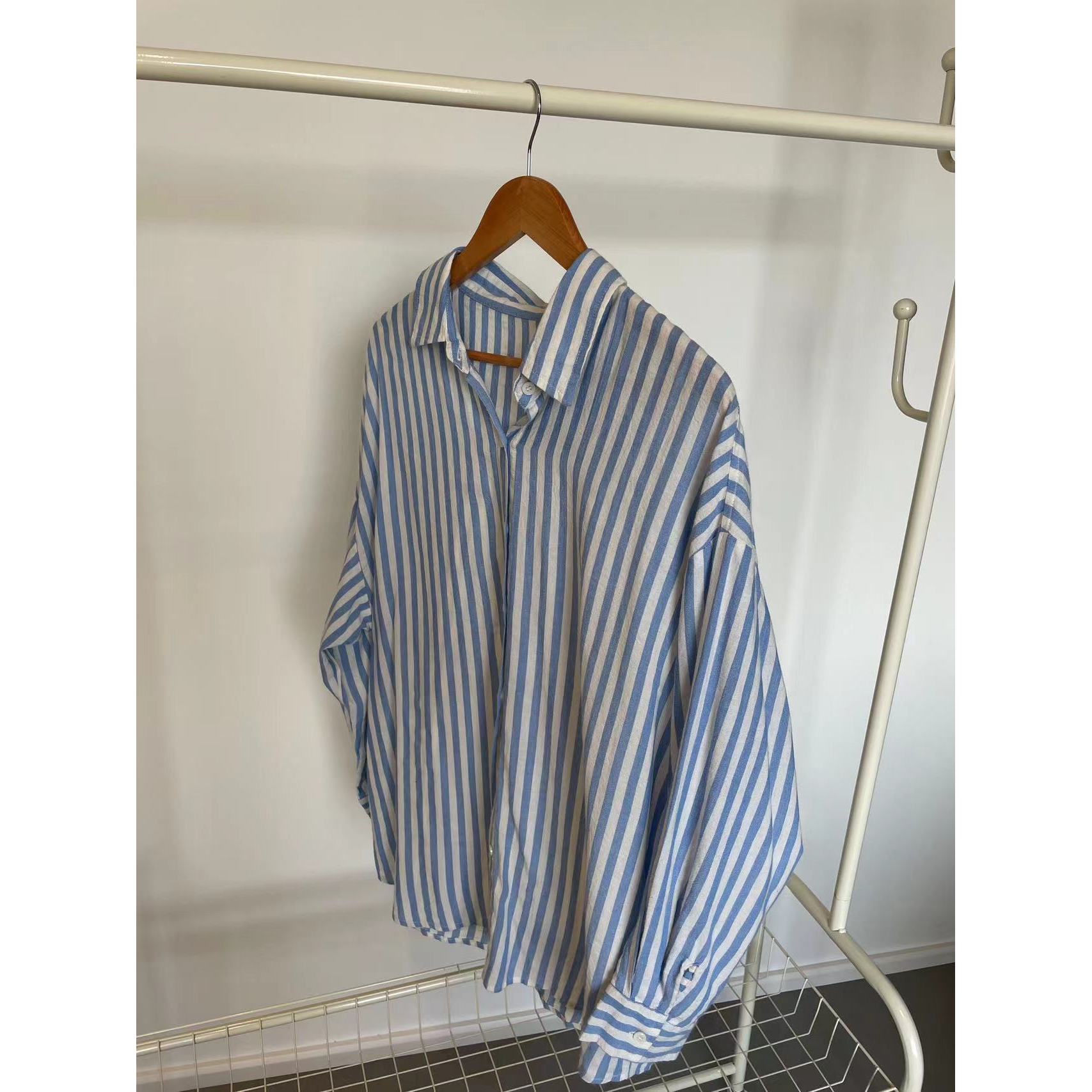 韩国东大门2025 夏季新款 清新竖条纹长袖衬衫