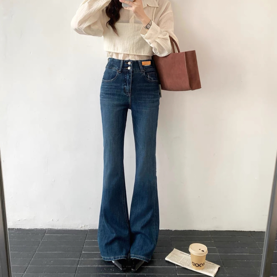 秋季新款高腰显瘦微喇牛仔裤女弹力设计丰胯提臀喇叭小个子