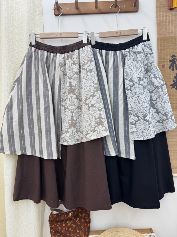 复古拼接麻料半身裙轻文艺格纹碎花设计感小众裙子