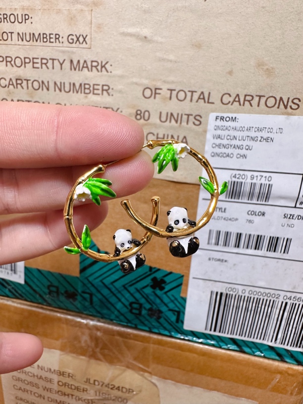 铜合金珐琅耳饰 卡通俏皮可爱大熊猫时尚耳环竹子首饰绿色耳圈