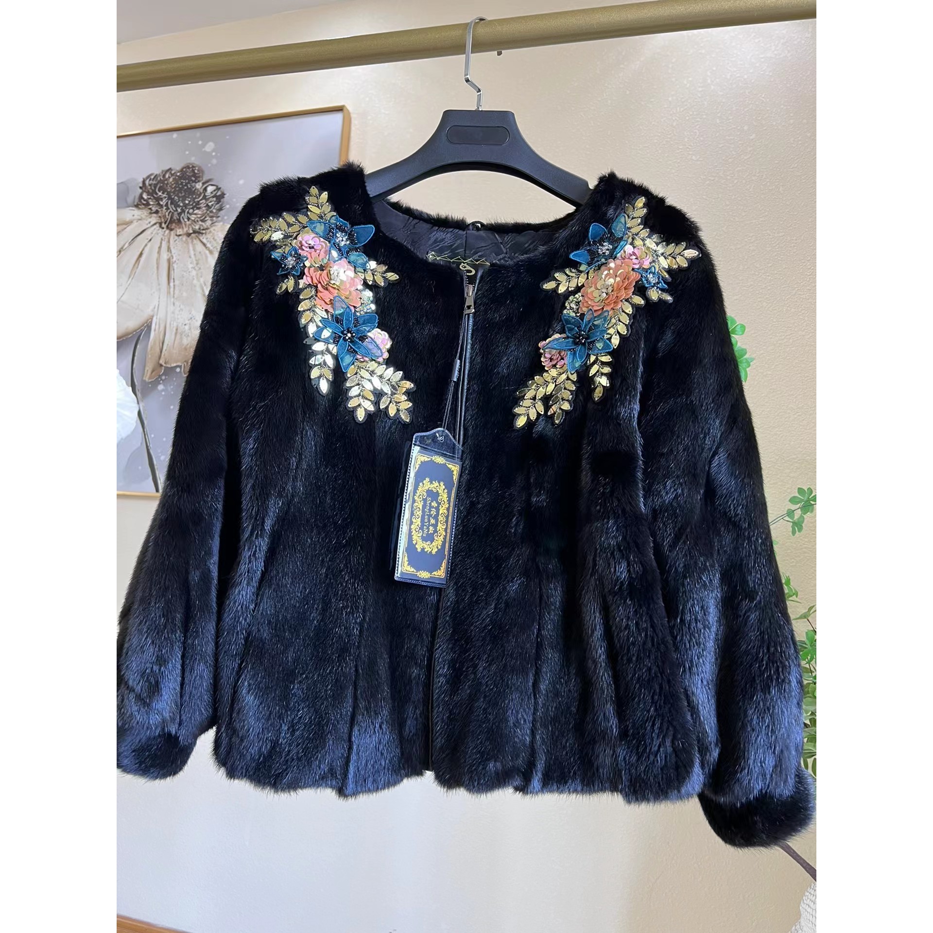 长50胸围112进口整貂貂皮大衣百搭减龄底绒很厚实重工亮片珠花