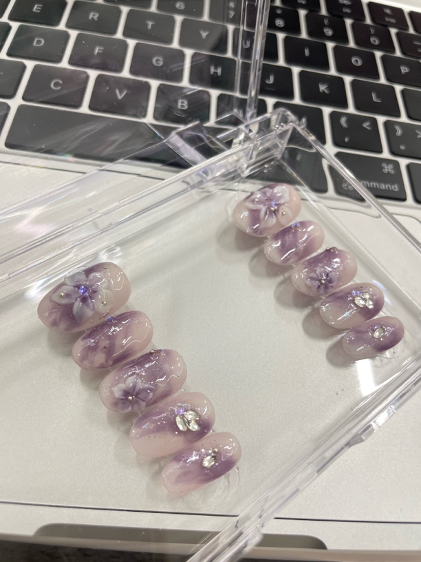 纯手工穿戴甲紫色渐变玻璃珠轻奢日常仙女风美甲