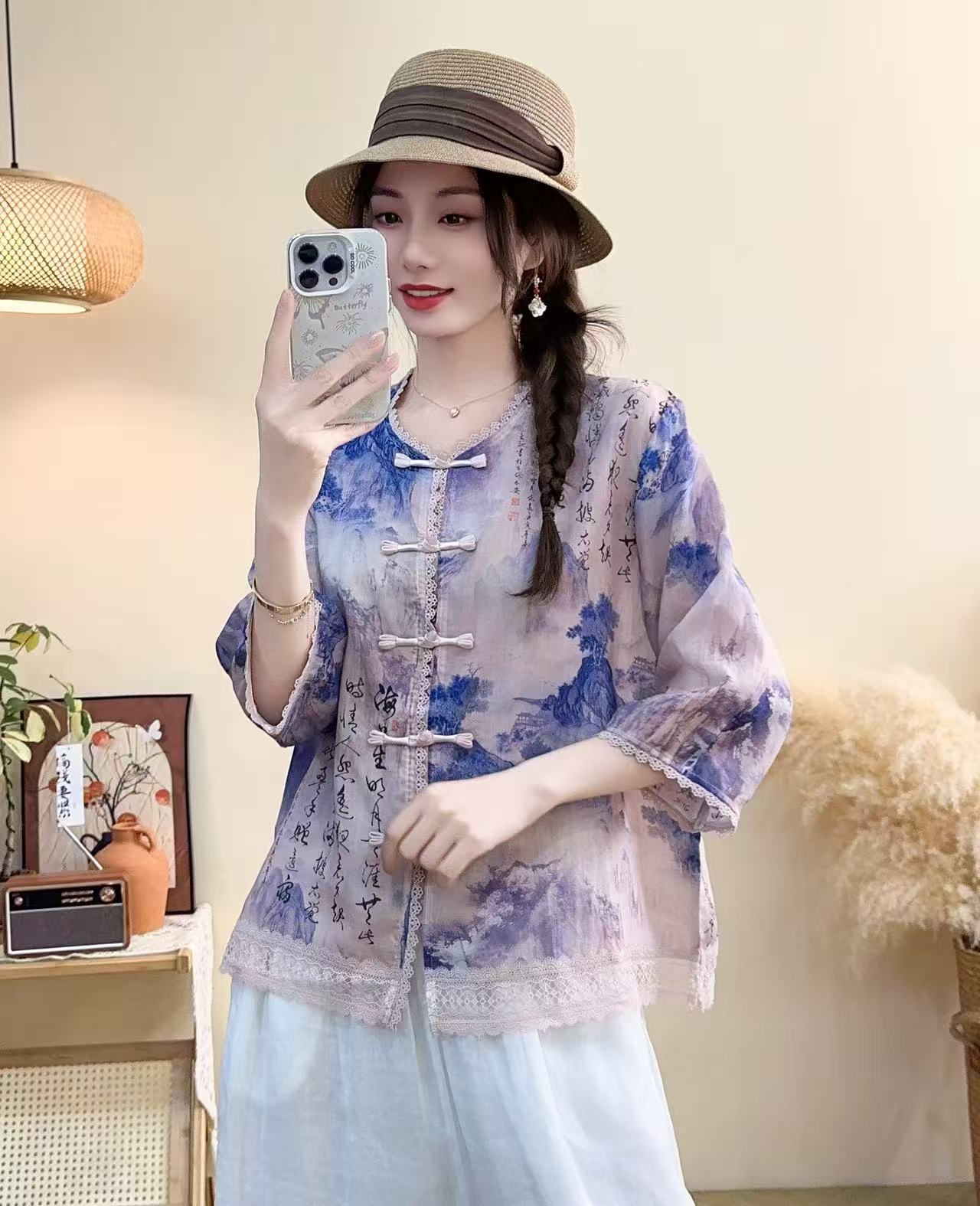 印花刺绣斜领圆领休闲风蕾丝衬衫国风春夏600-700