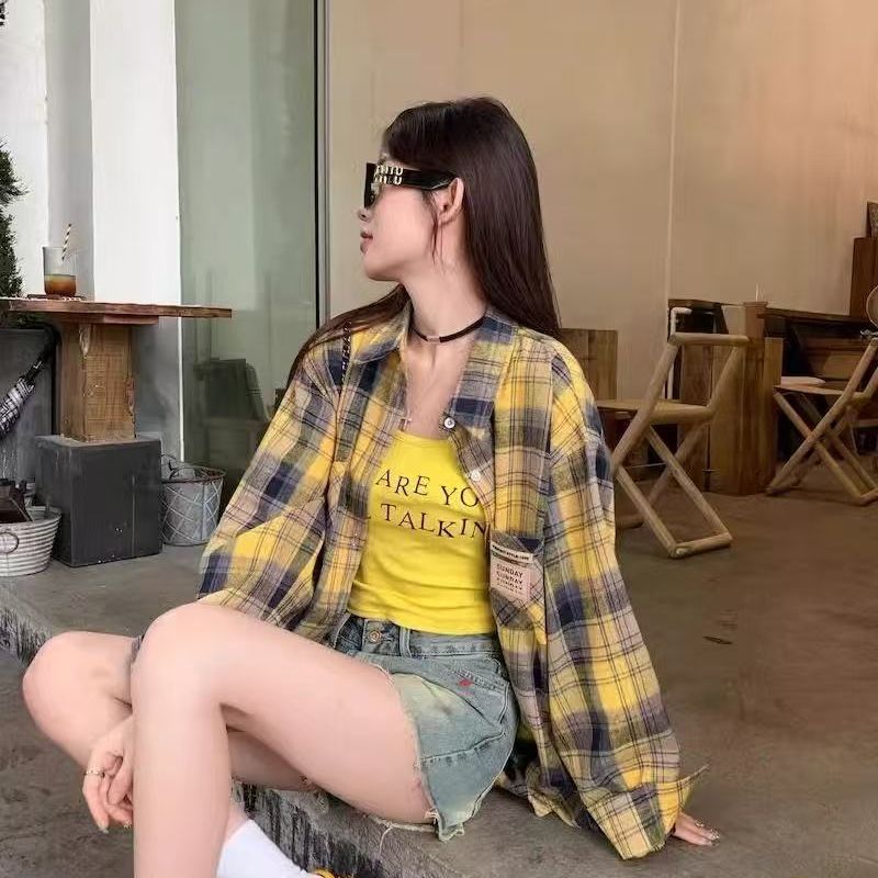 美式复古撞色黄格子衬衫女秋2025新款设计感小众宽松长袖衬衣外套