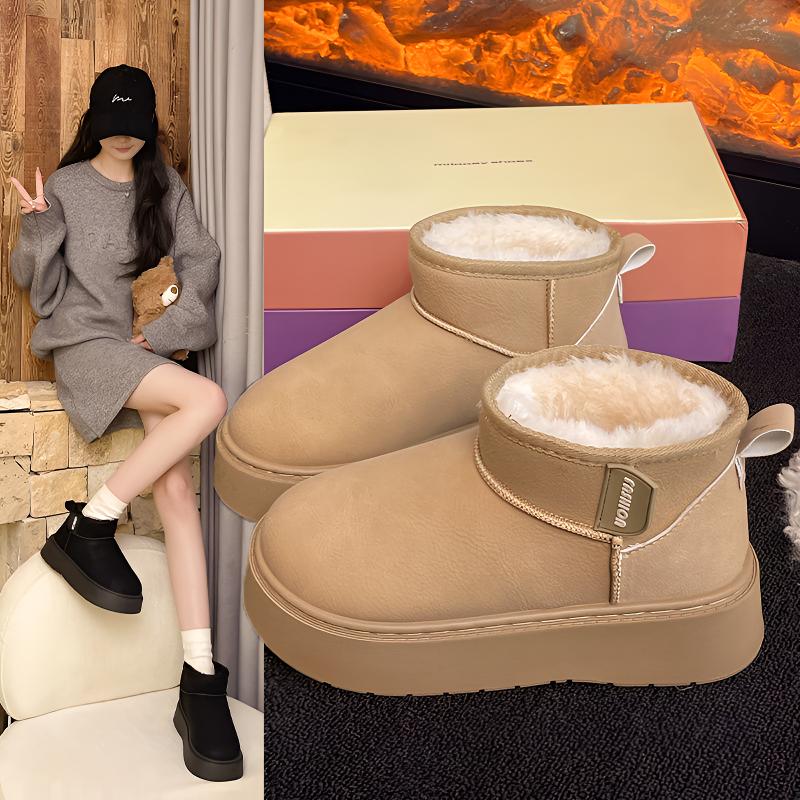 厚底雪地靴女冬加绒加厚2025新款增高保暖短靴低帮短筒皮面雪地棉