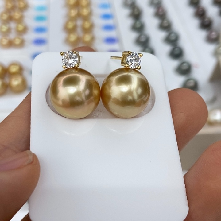 海水珍珠耳饰银S925镶嵌金珠12/13