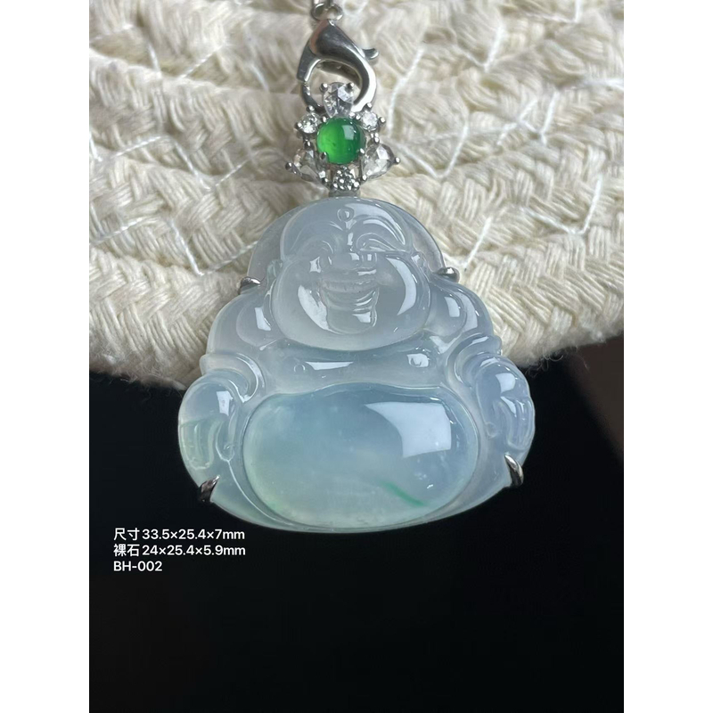 天然翡翠A货18k金镶冰种佛公吊坠少女款