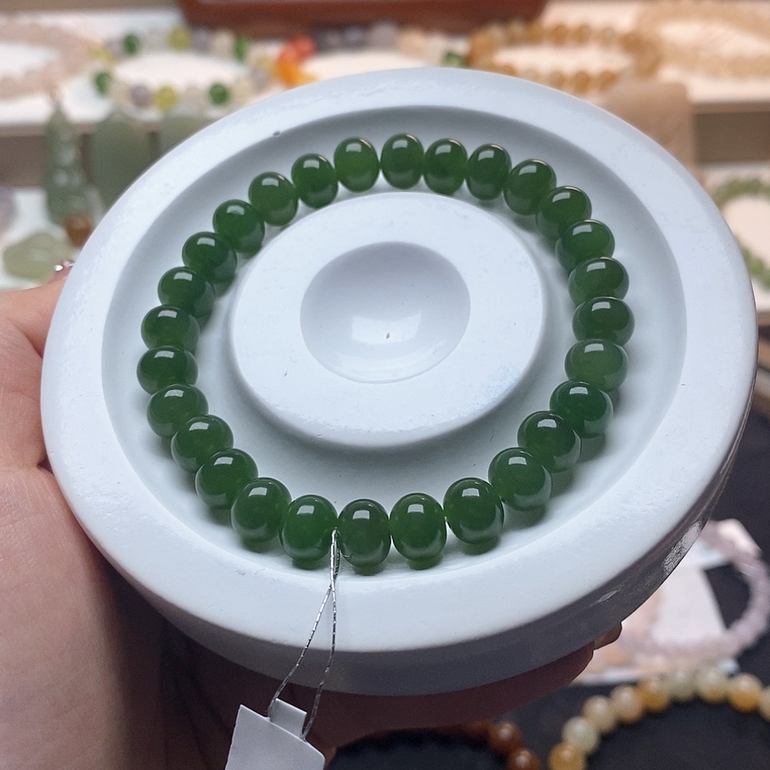 和田玉手串未镶嵌俄碧菠菜绿算盘珠8mm手串