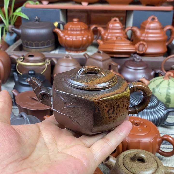 紫砂茶壶六方竹节180cc原矿老紫泥柴烧特价