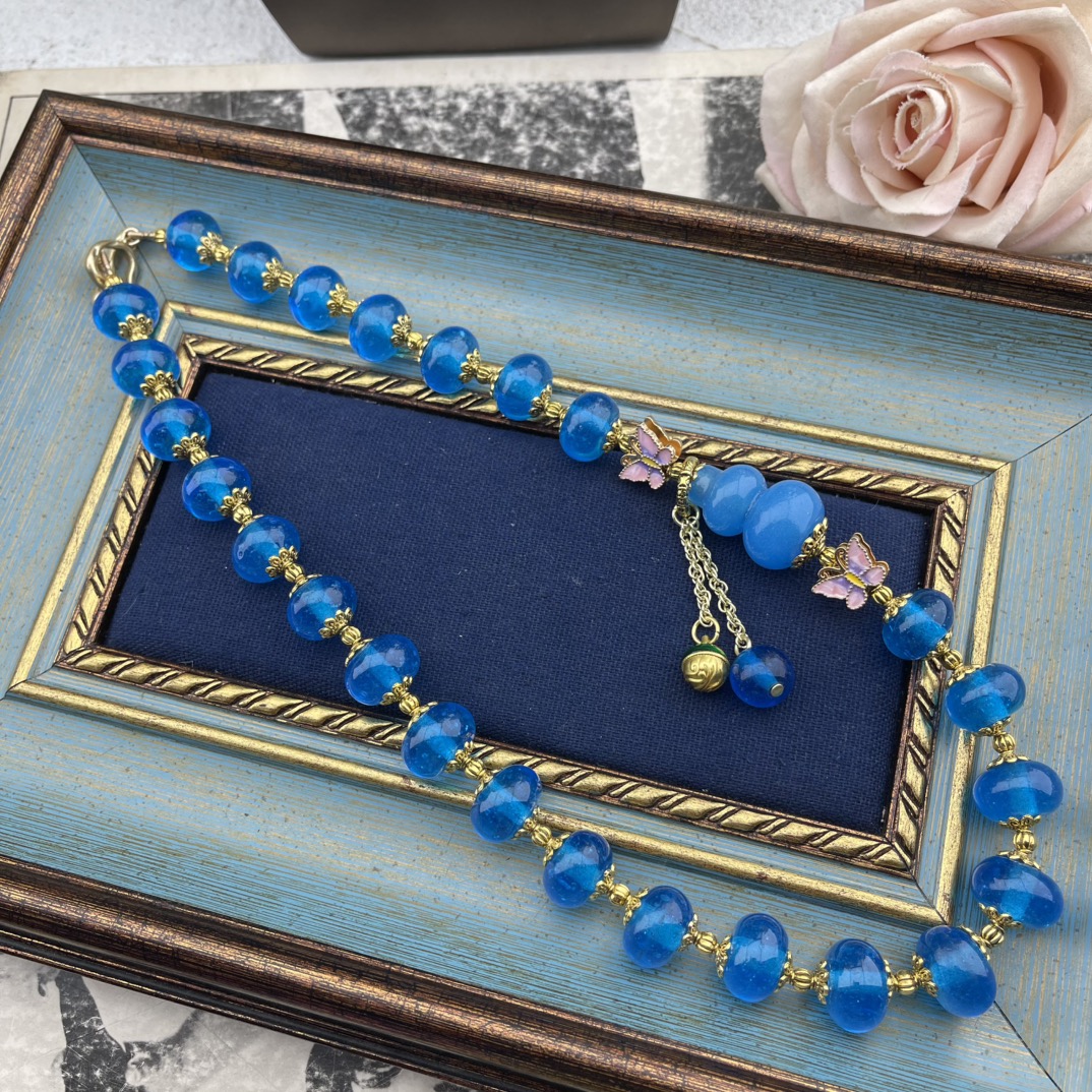 铜合金琉璃项链 新款老琉璃拼珐琅蝴蝶项链时尚古风手工蓝色手