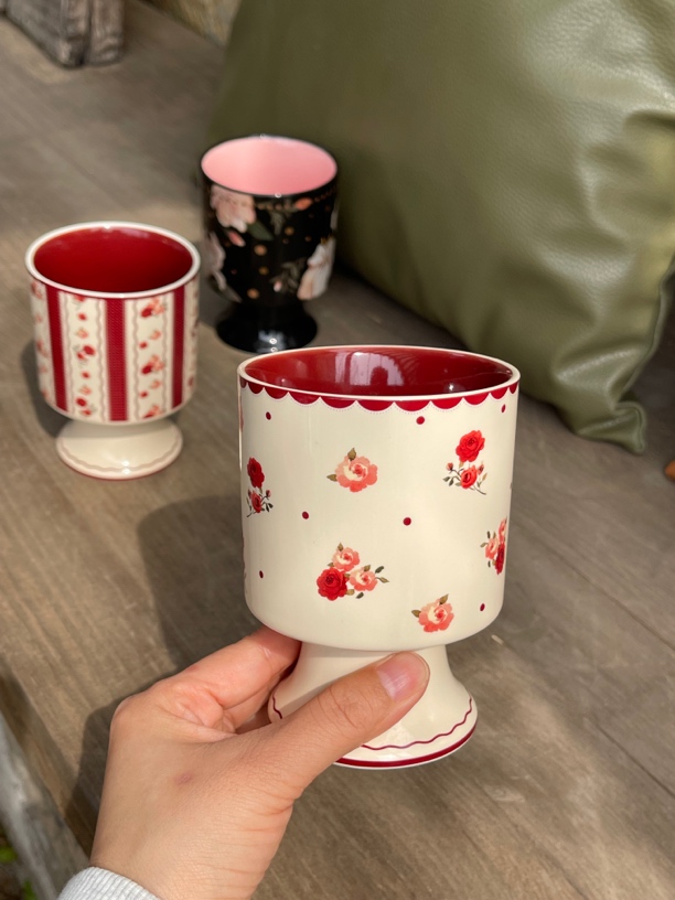 复古陶瓷高脚杯甜品杯陶瓷杯家用可爱喝水杯