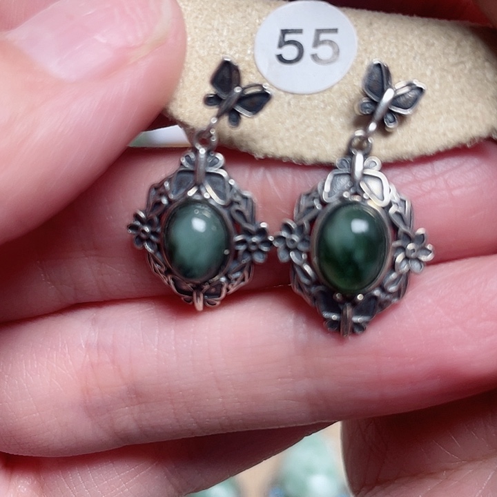 透闪石-蛇纹石玉耳钉银S925镶嵌