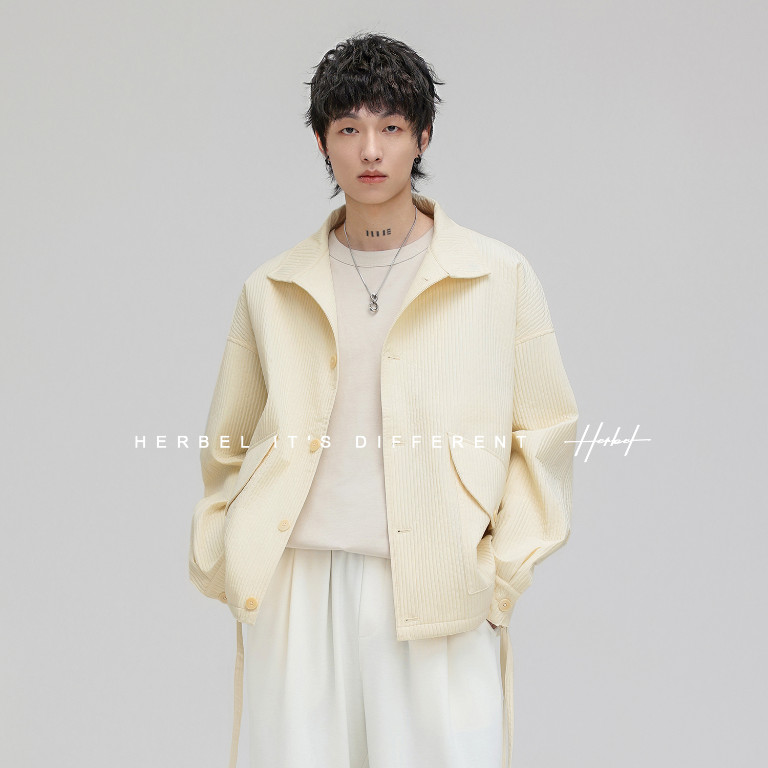 HERBEL/黑白2025春季长袖夹克宽松抽绳复古工装男士外套防风户外 