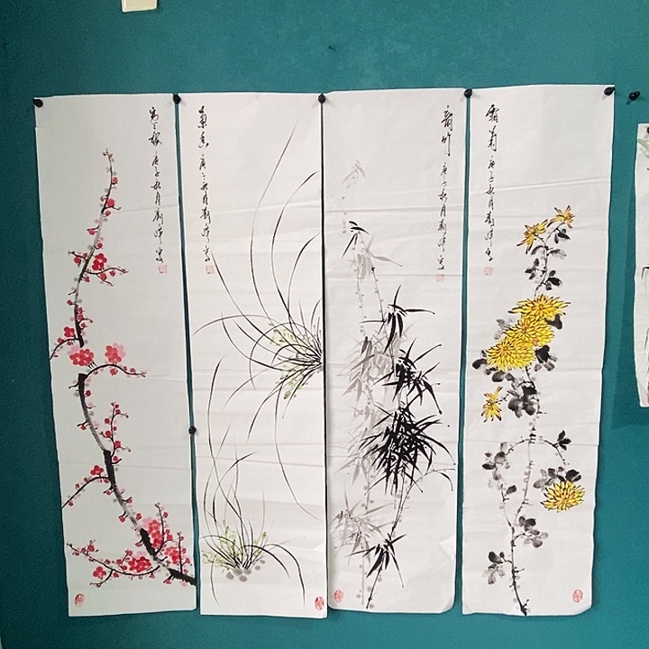 国画四尺对开手绘四条屏