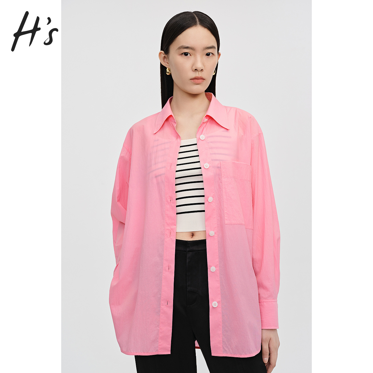 HS气质粉衬衫夏季新款女装商场同款纯色百搭宽松长袖衬衣女