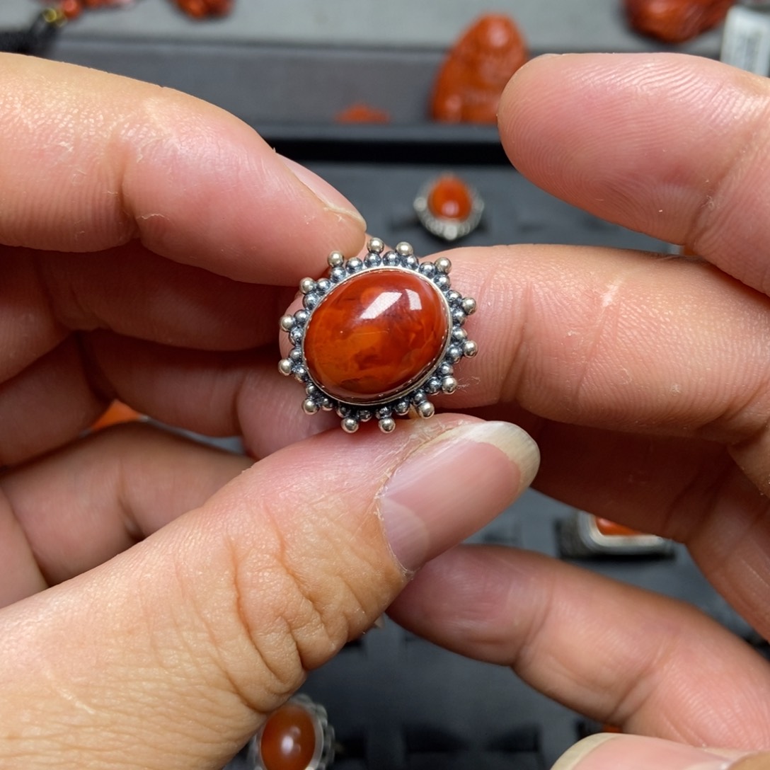 南红玛瑙戒圈银S925镶嵌