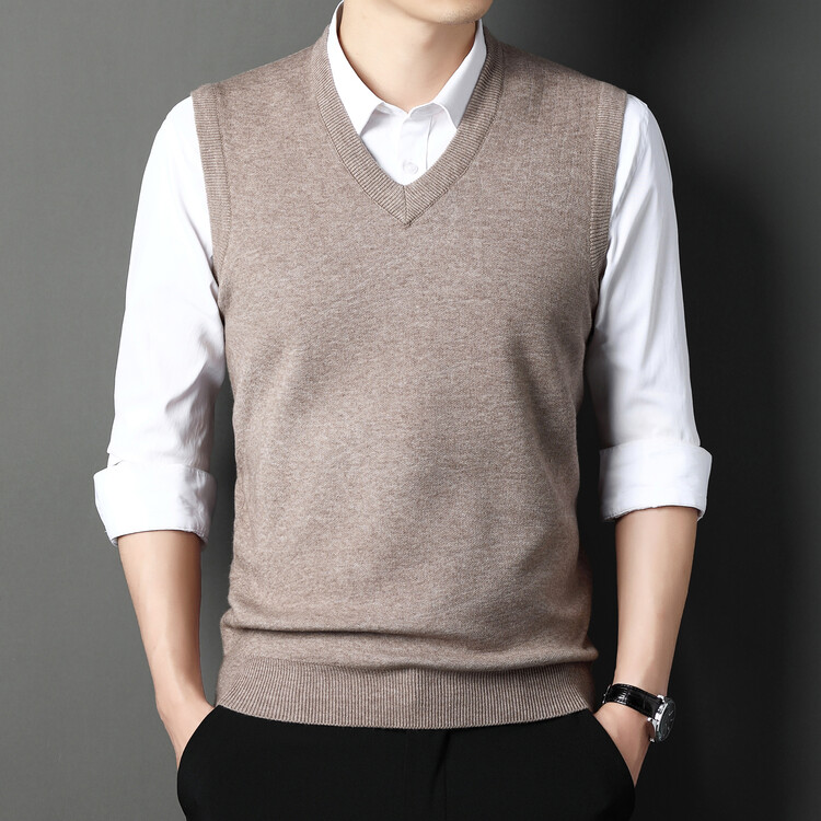 鄂尔多斯市产100%纯羊毛衫男款冬季加厚保暖V领背心时尚纯色打底
