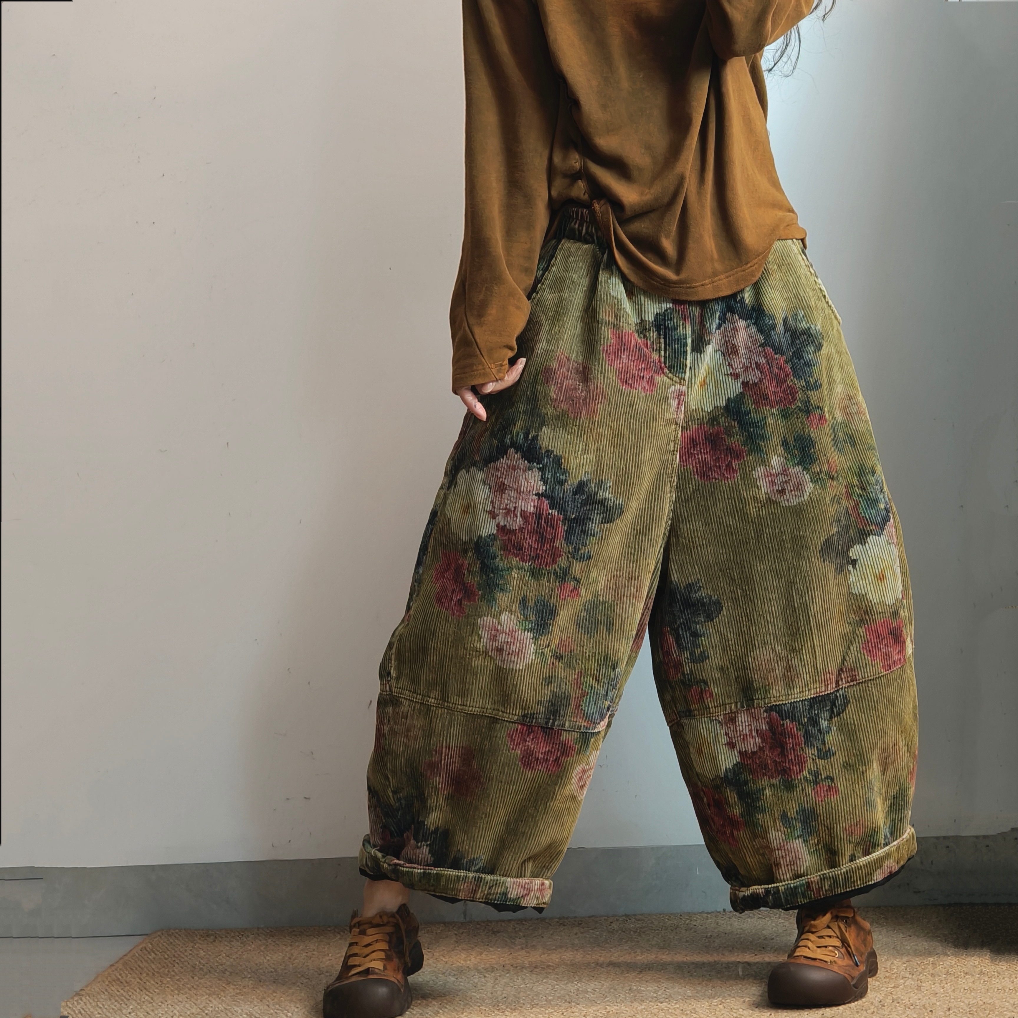 虞姑娘推荐  冬季炒色做旧条绒夹棉八分花裤【裤长85臀围140】