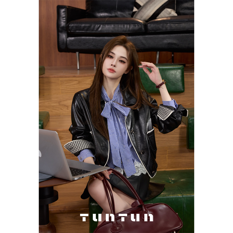 吞吞TUNT【千鸟格皮衣 黑色】甜酷融合 蕾丝格纹拼接皮衣