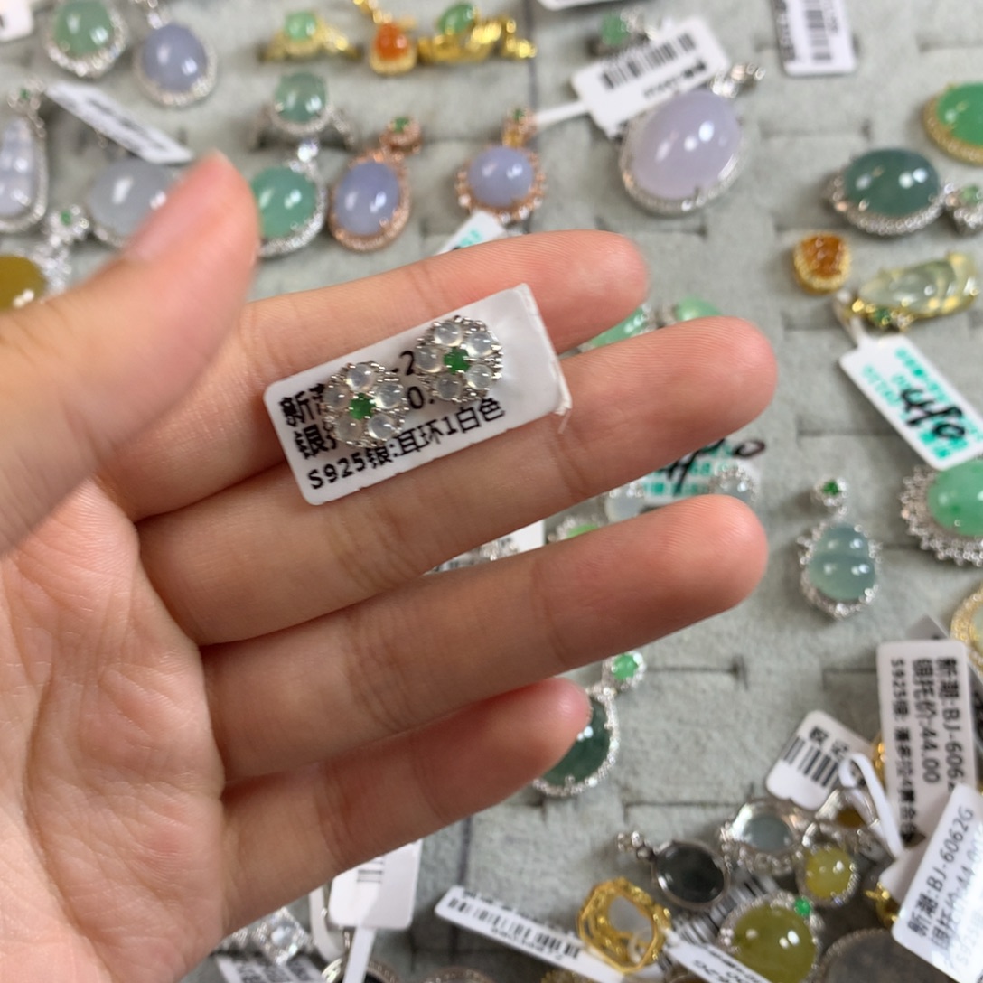 翡翠银S925镶嵌戒指耳钉