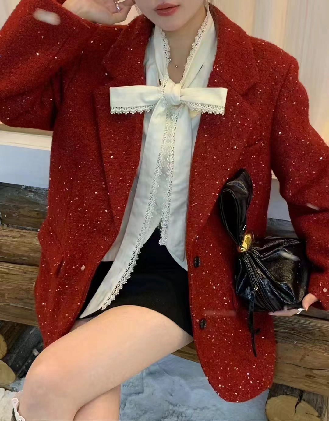 【AILI欧韩冬季】羊毛面料亮片西装白鸭绒羽绒服外套 ALS-9705